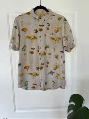 Dravus Mushroom Print Button Up Shirt Botanical Short Sleeve